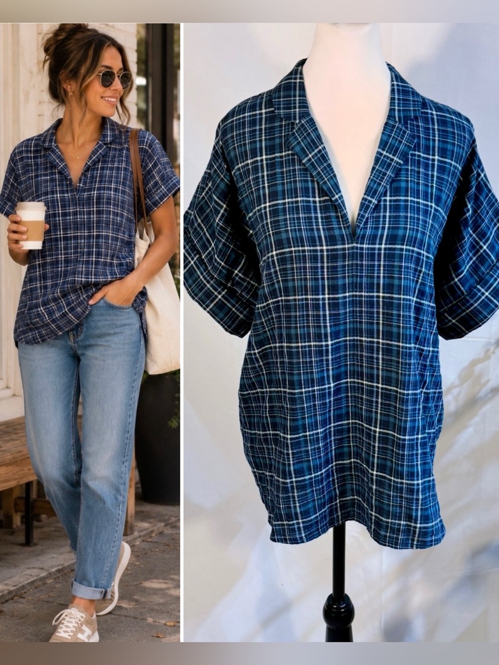 ☀️NWT Madewell Swenson Popover Shirt Morehead Plaid Deep Indigo Sz Large🧡